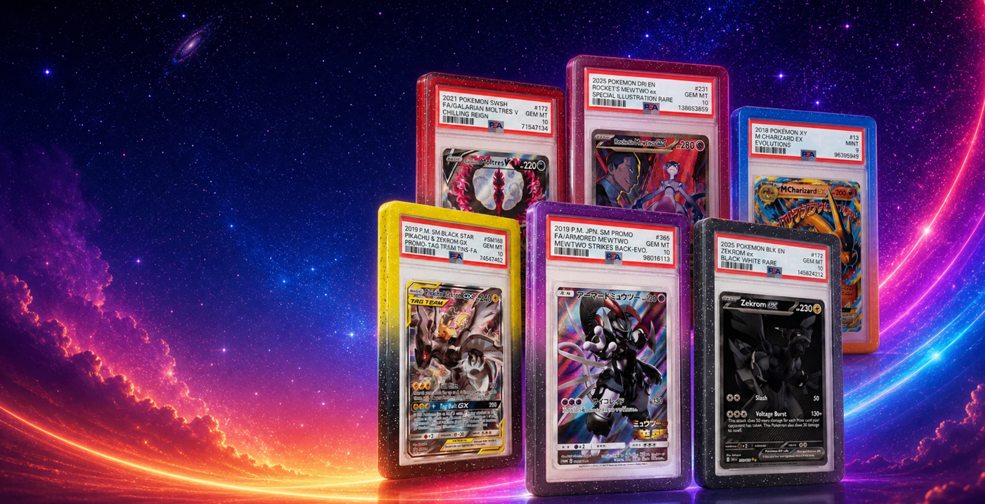 SlabGuard premium PSA slab protectors displayed with graded Pokémon cards